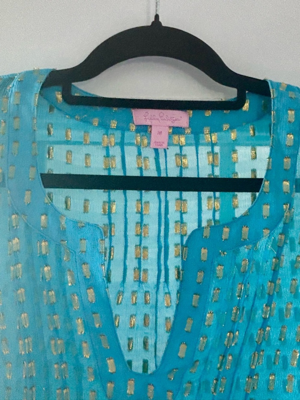 Lilly Pulitzer Turquoise Blue Metallic-Print Long Sleeve Blouse - Picture 3 of 8